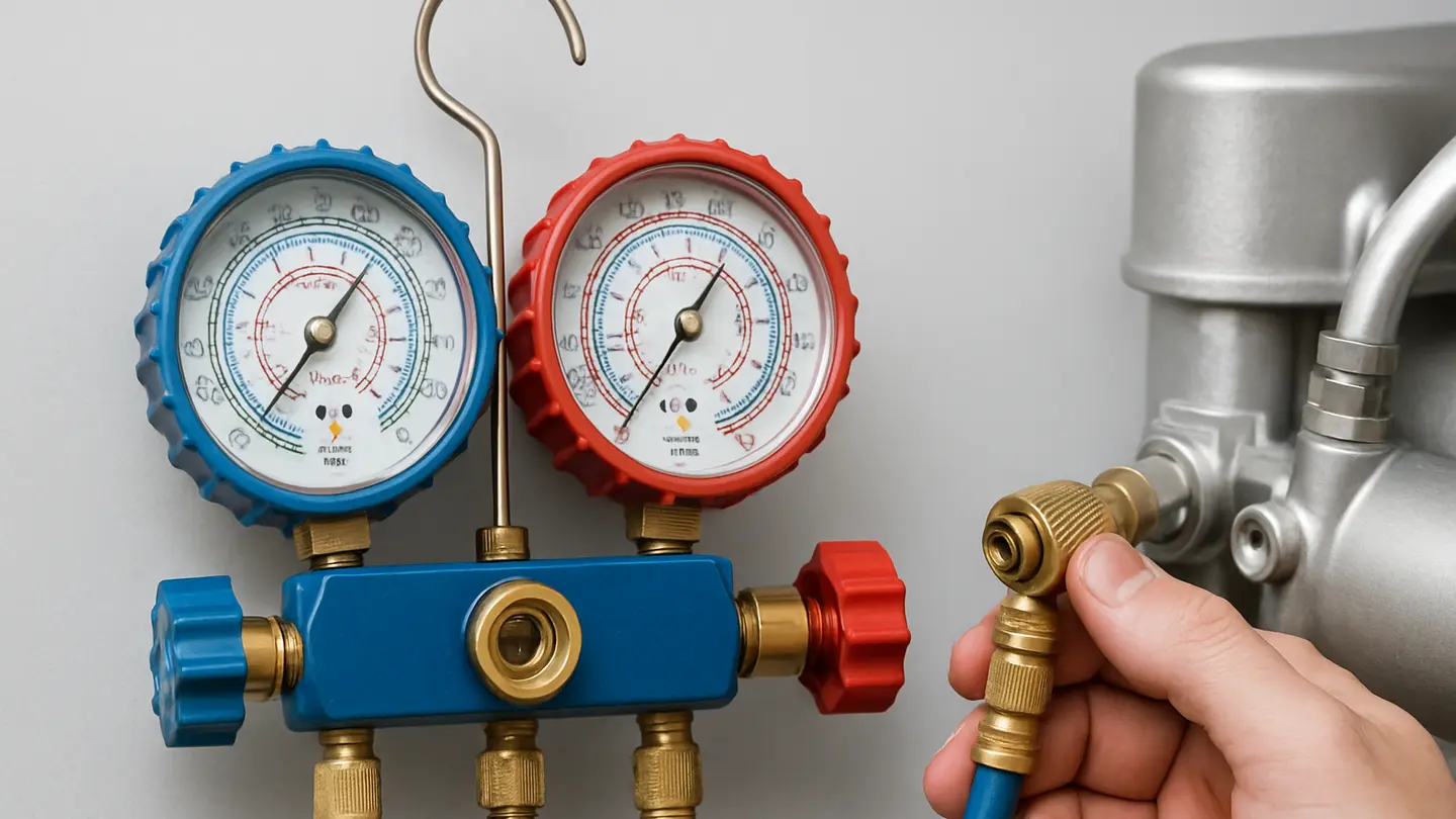 Manifold pressure gauges connected to an air conditioning system