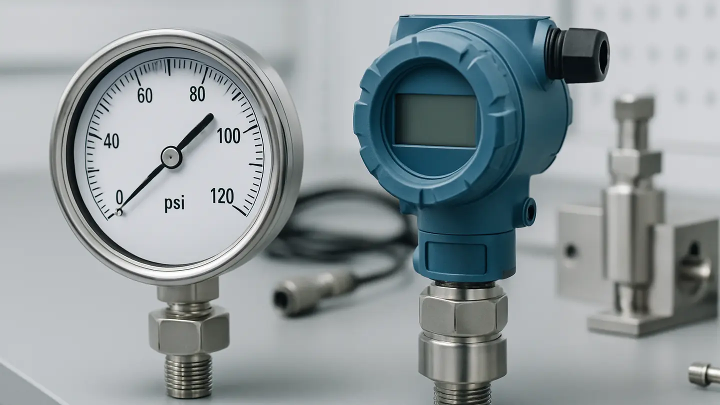 Analog pressure gauge installed alongside a pressure transmitter