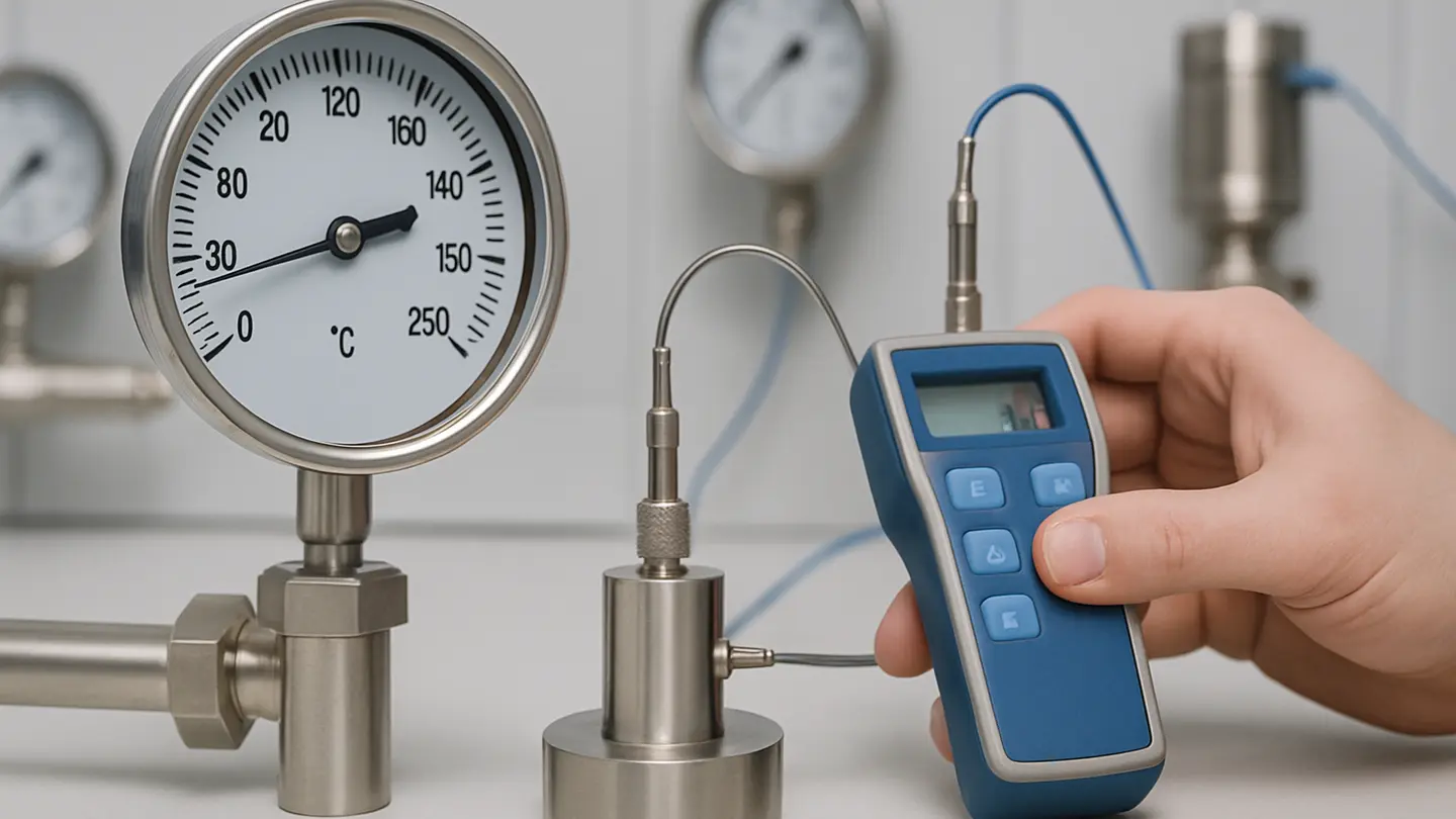 Bimetallic dial thermometer being calibrated in an ice-water slurry