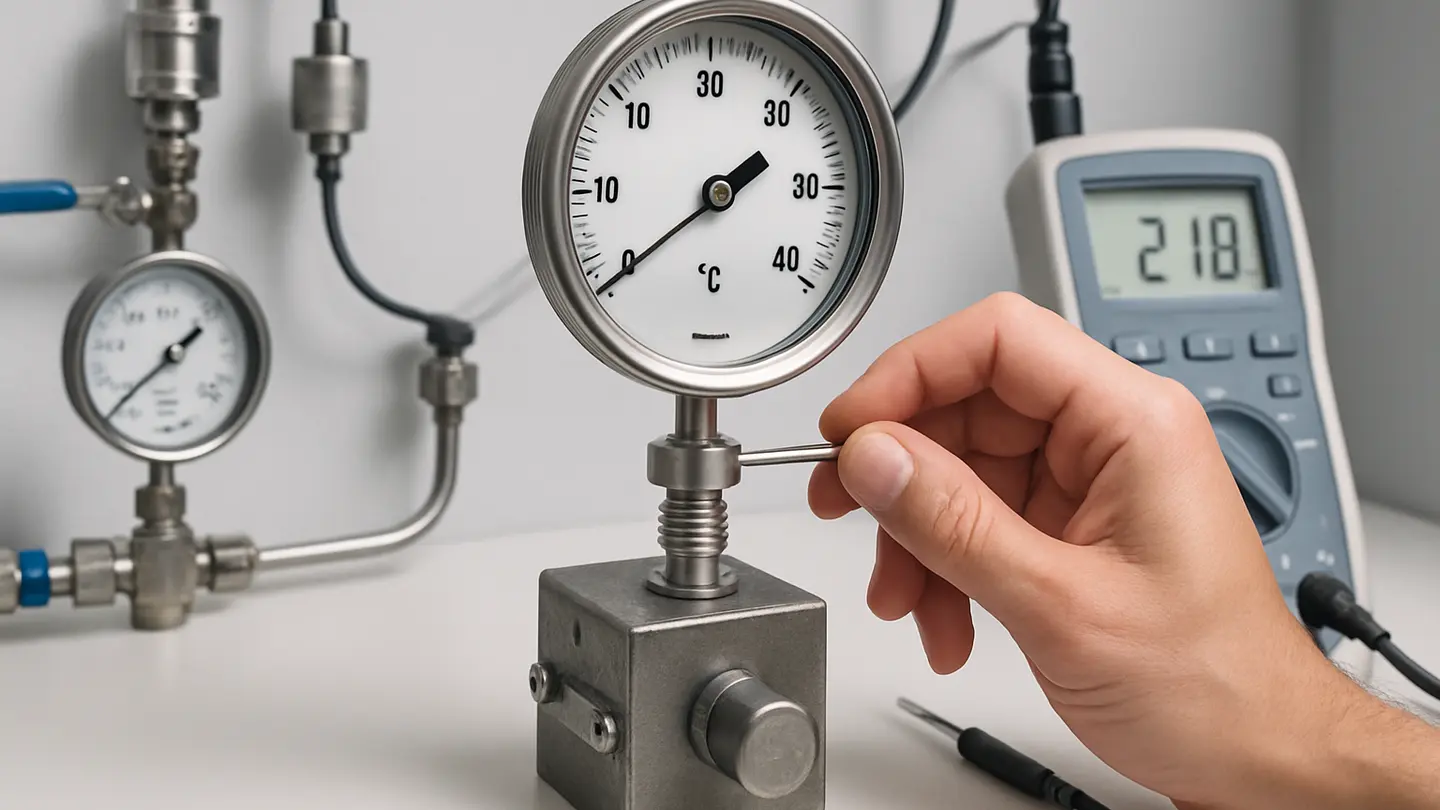Bimetallic dial thermometer being checked in an ice-water bath
