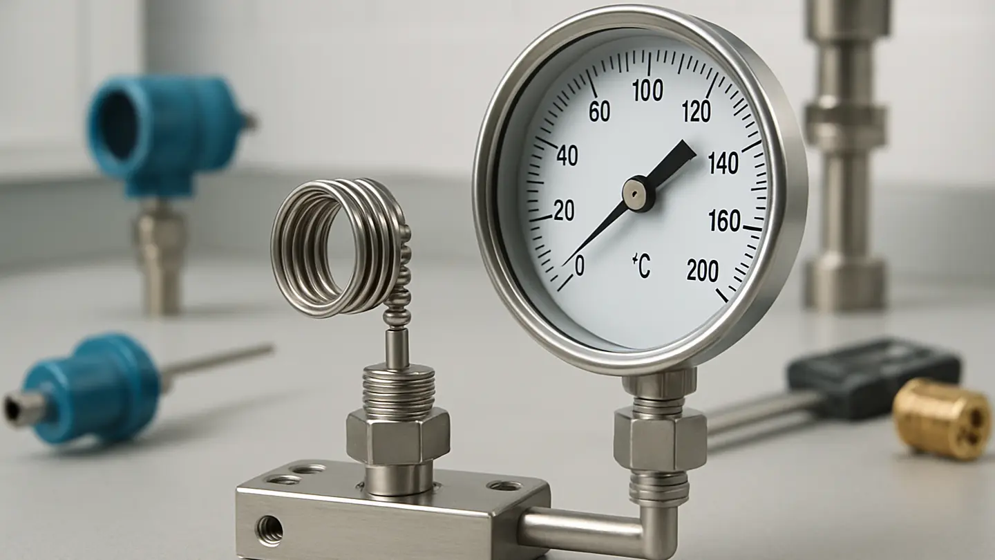 Dial bimetallic thermometer with sensing stem and pointer
