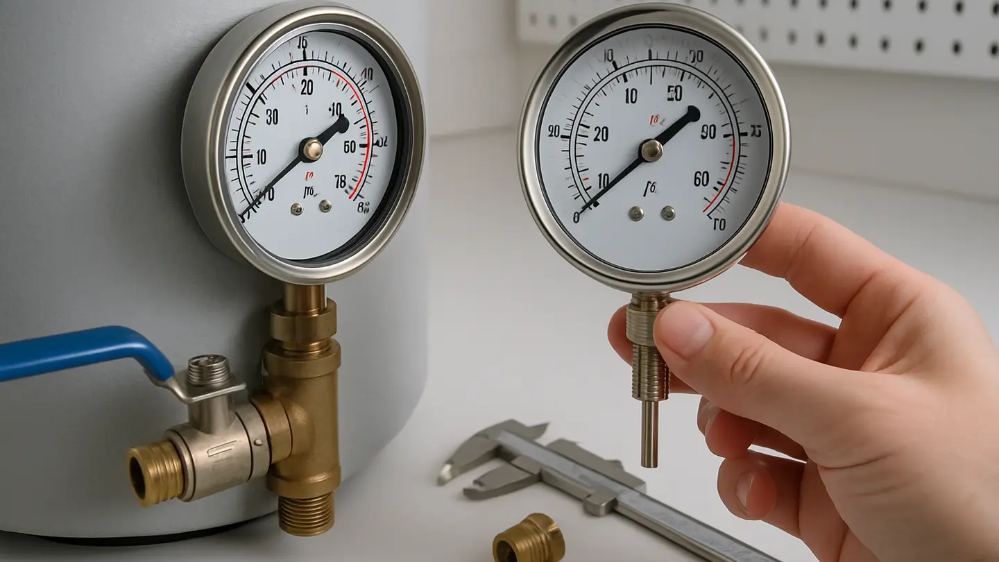 Boiler pressure and temperature gauge mounted on a hydronic boiler