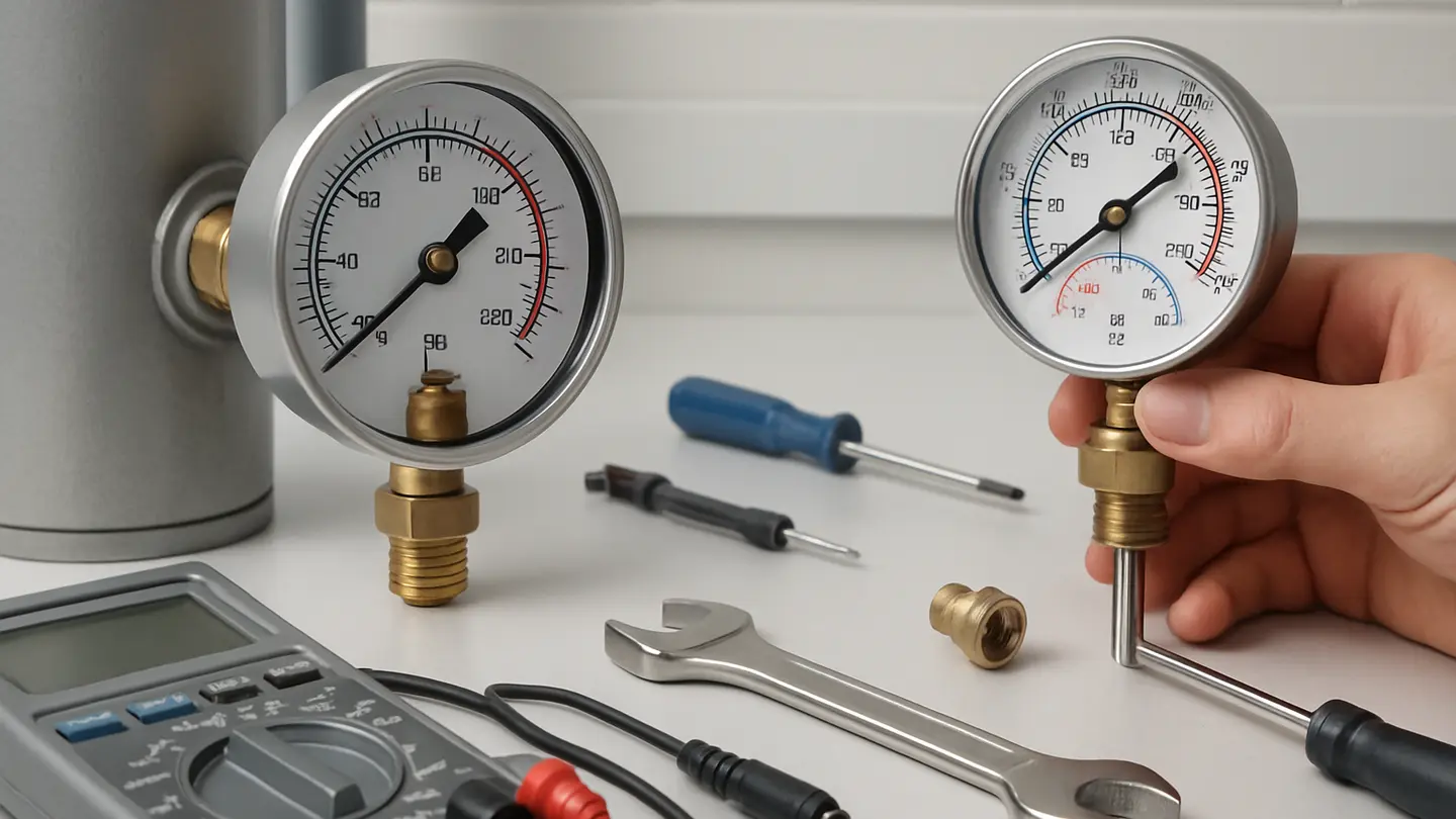 Boiler temperature-pressure gauge mounted on hydronic boiler piping