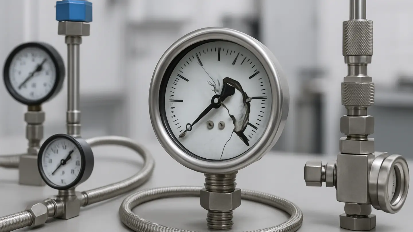 Bourdon tube pressure gauge installed on a process line
