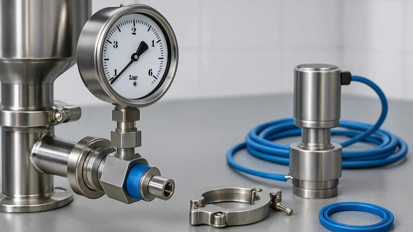 Pressure gauge installed on brewery process piping