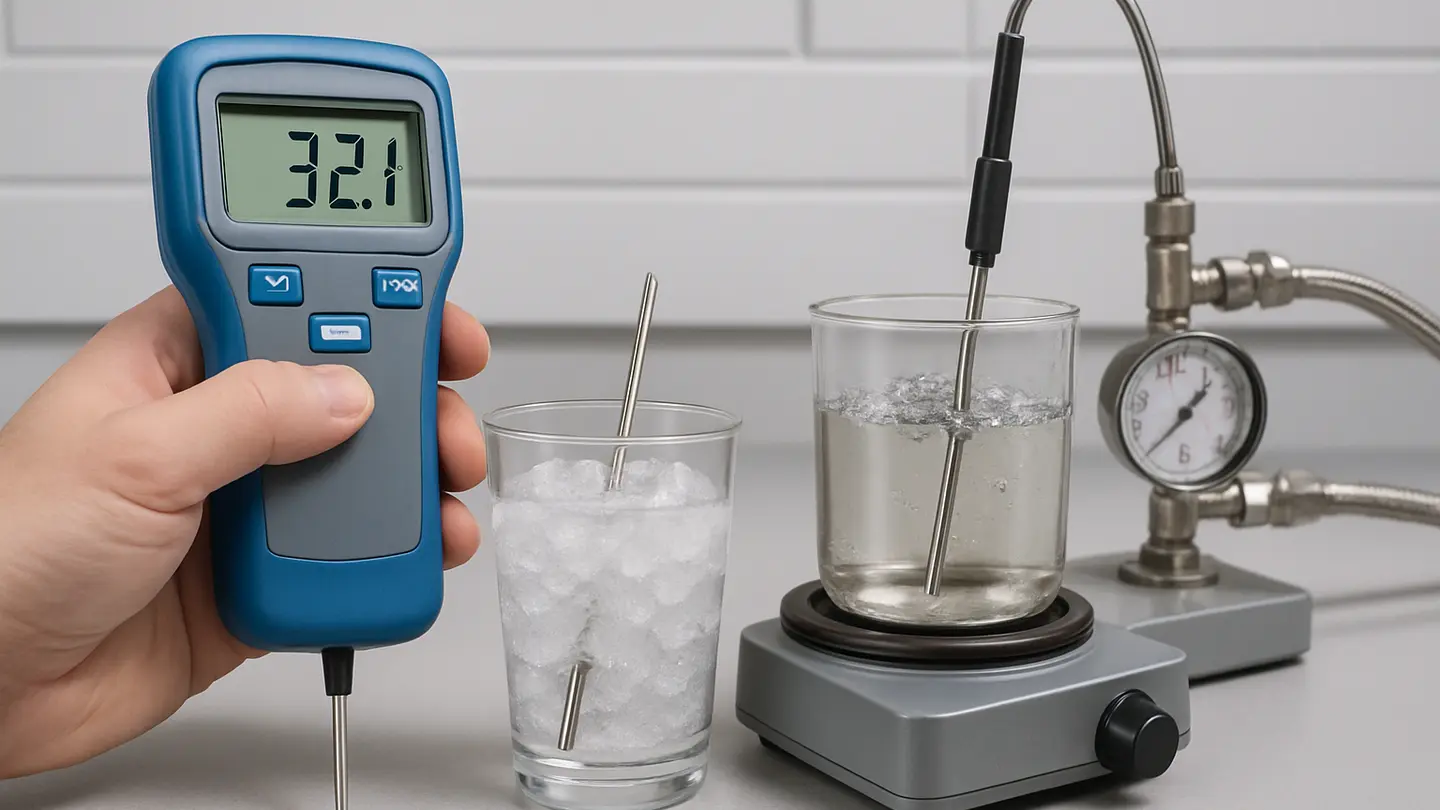 Digital thermometer probe positioned in an ice-water bath