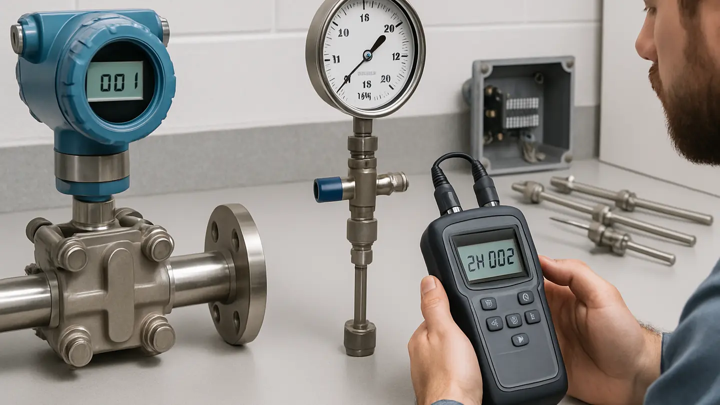 Technician reviewing pressure and temperature instruments in an industrial facility