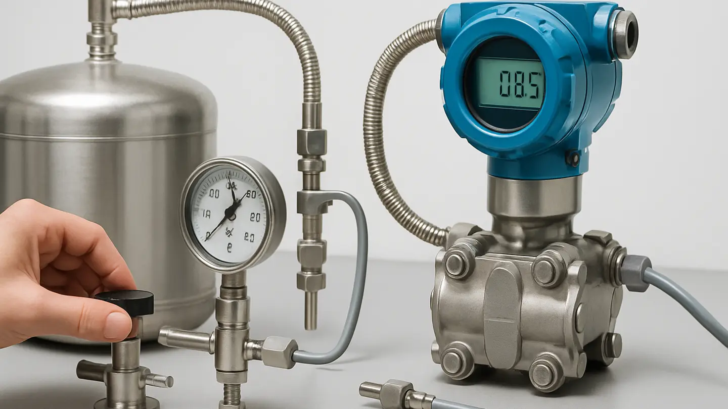 Differential pressure transmitter connected to a tank for level measurement
