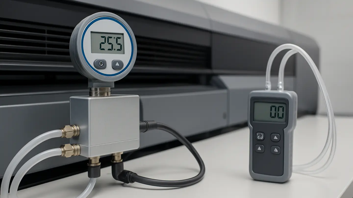 Differential pressure transducer monitoring cooling airflow in a large-scale printer