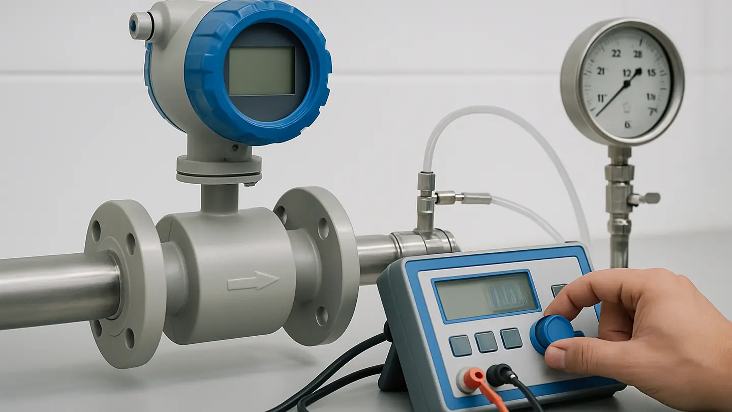 Technician calibrating an electromagnetic flow meter in a pipe system
