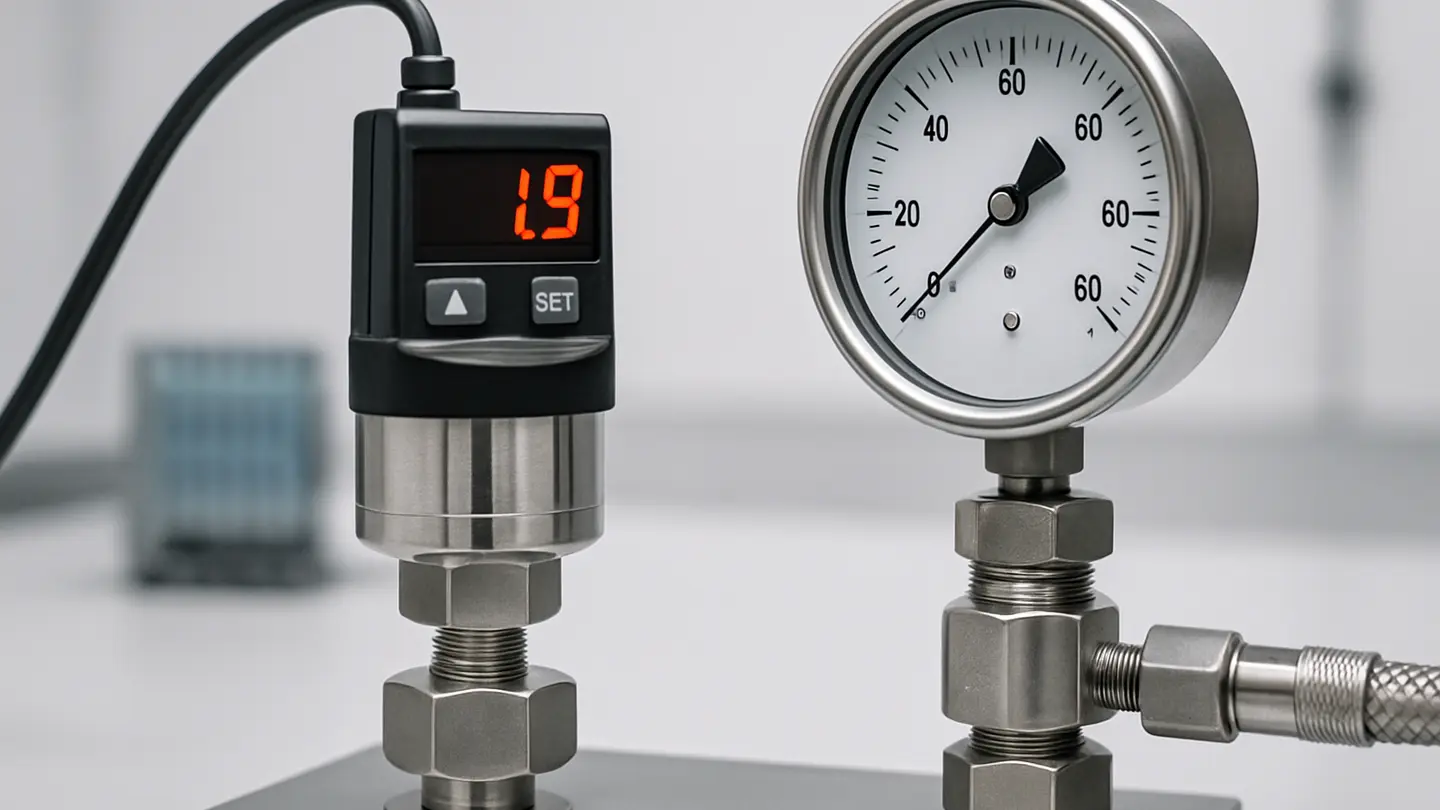 Electronic pressure switch with digital display installed on industrial piping