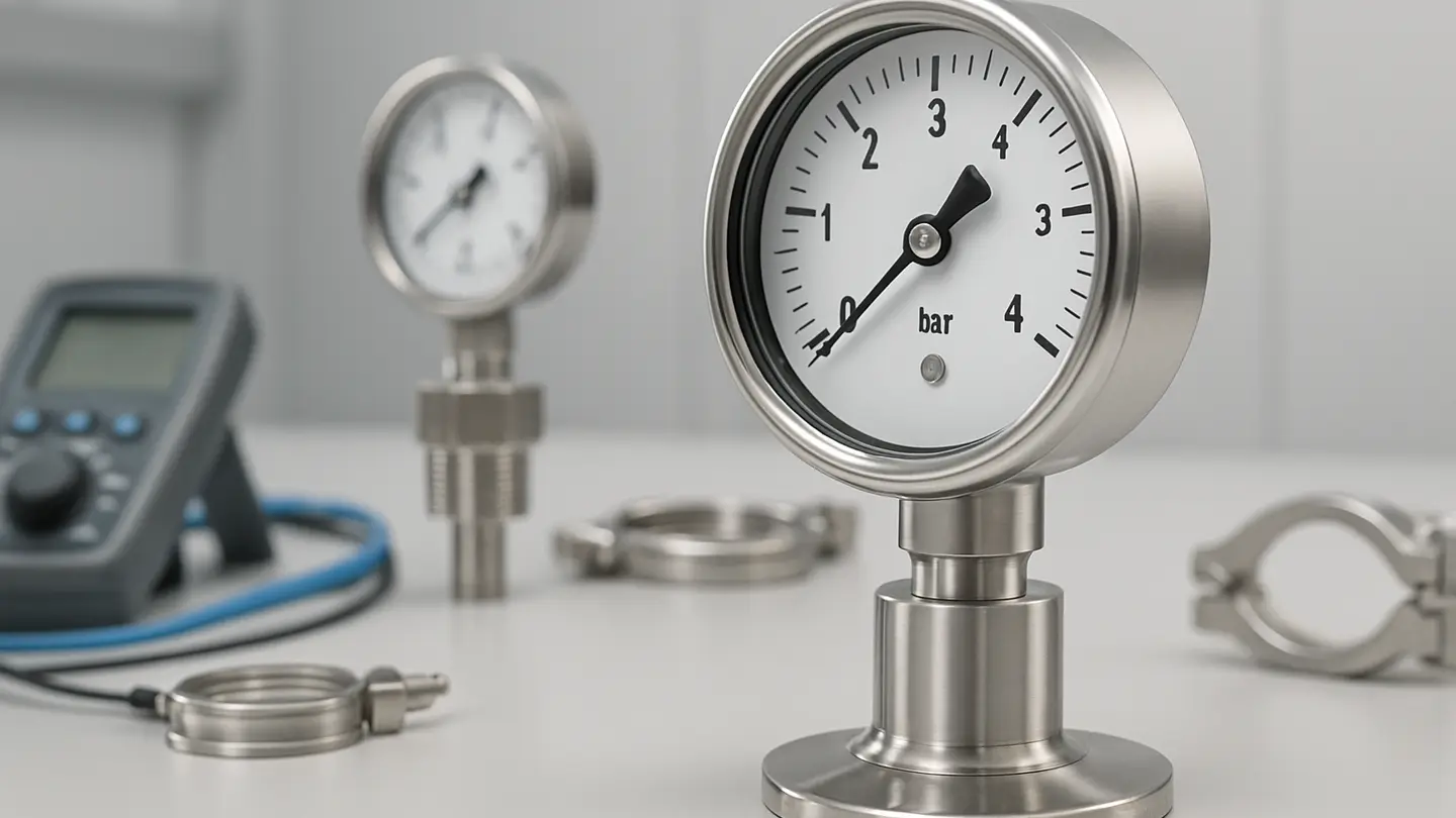 Flush-mounted sanitary pressure gauge on process piping