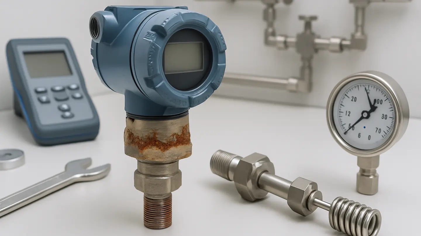 Pressure instrument connected to mixed-metal piping in a wet industrial environment