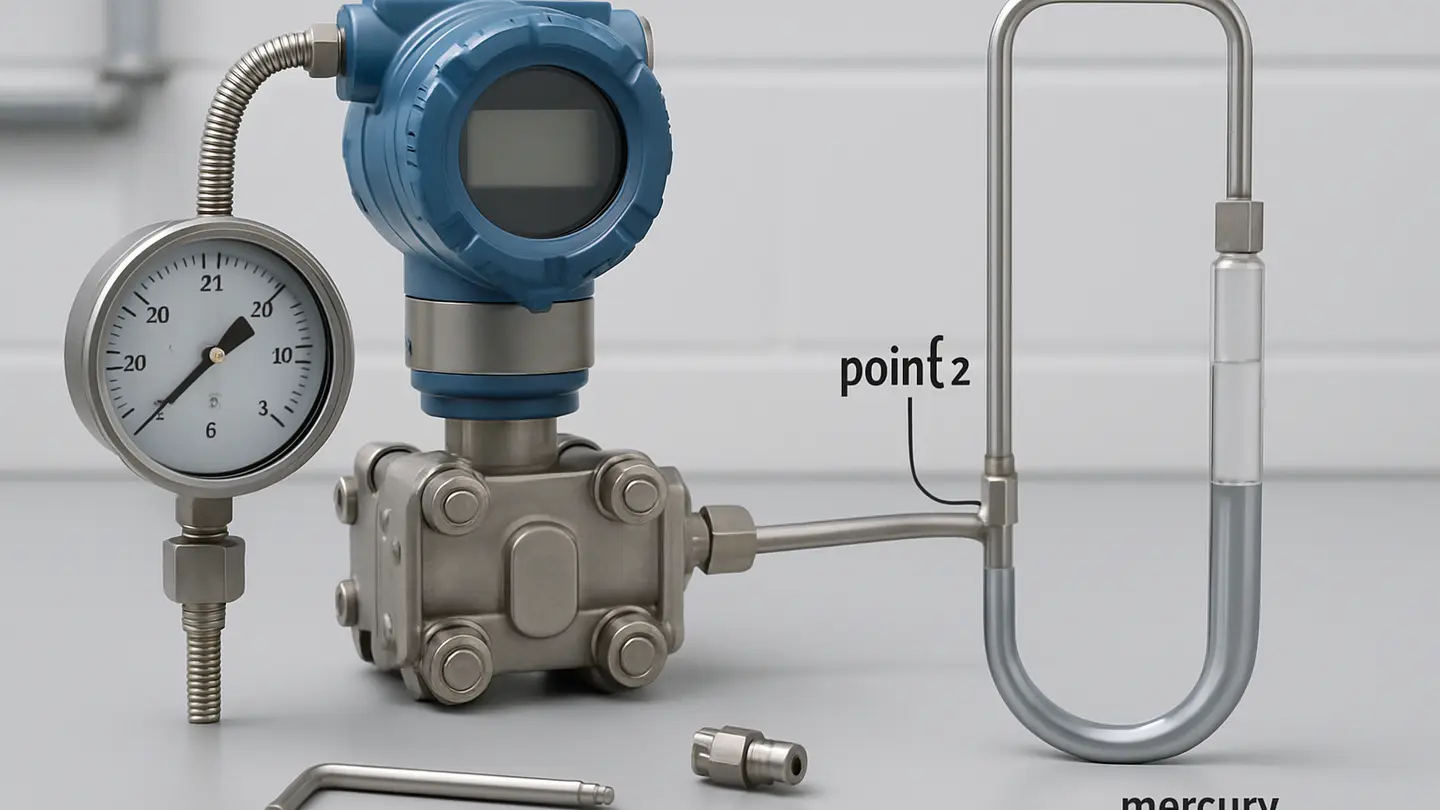 Liquid-column manometer showing fluid height differences and a mercury interface
