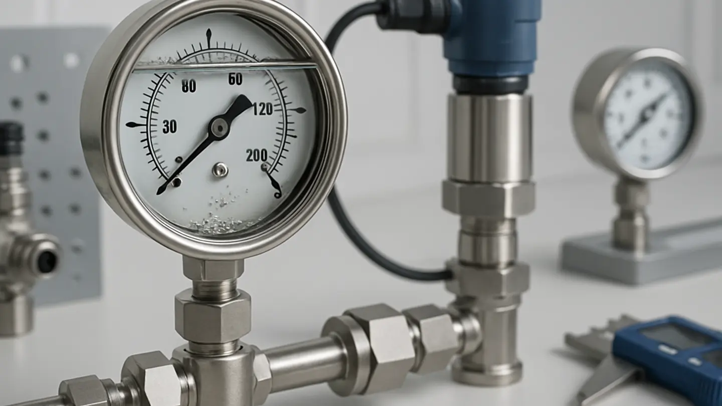 Liquid-filled pressure gauge mounted on industrial equipment