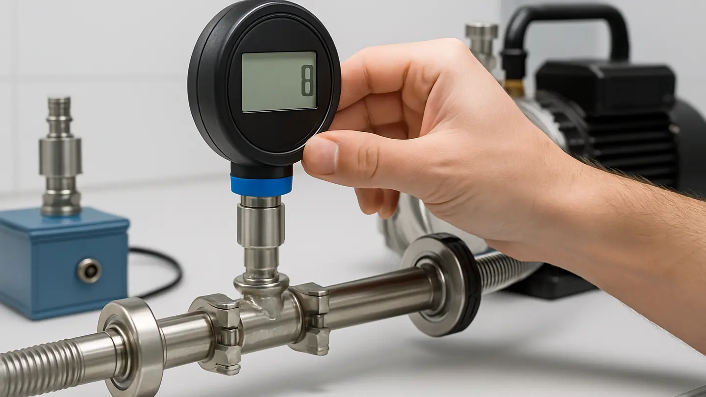 Digital micron gauge connected for vacuum pressure measurement