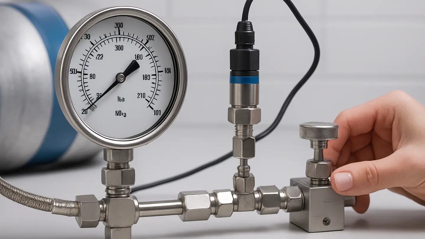 Pressure gauge connected to tubing on mobile hydrogen equipment