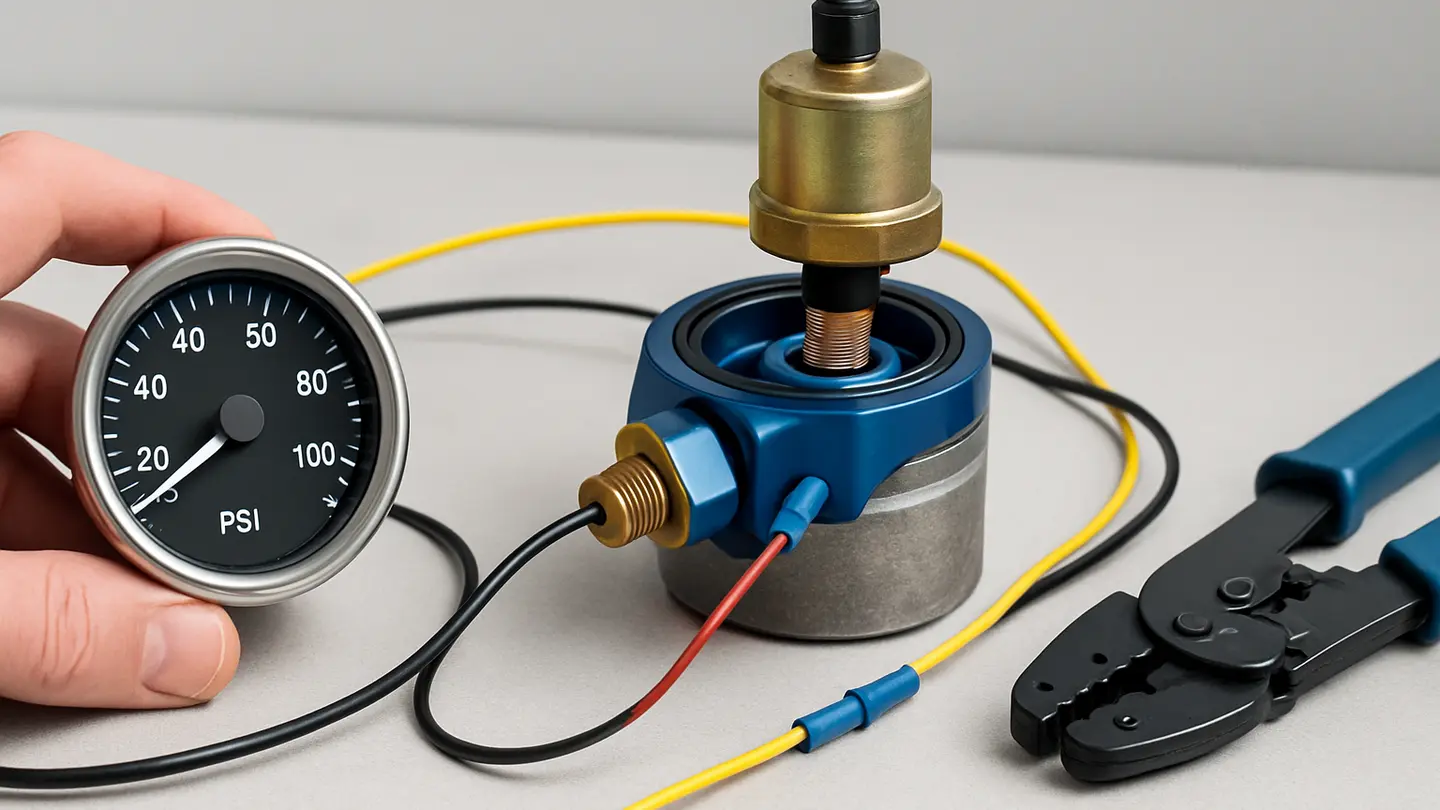 Oil pressure gauge installation with sender and sandwich adapter