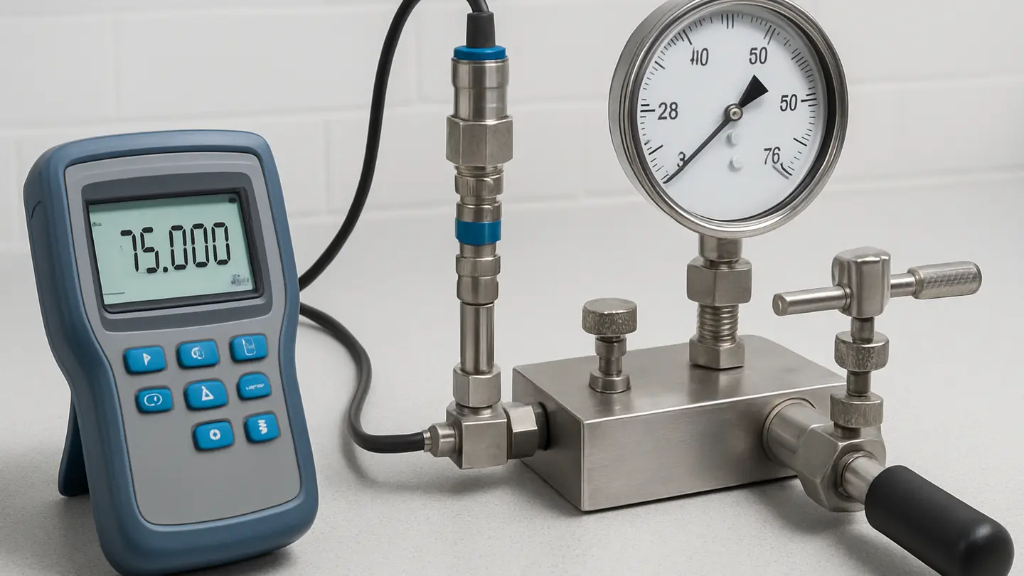 Digital pressure gauge being calibrated against a reference pressure standard
