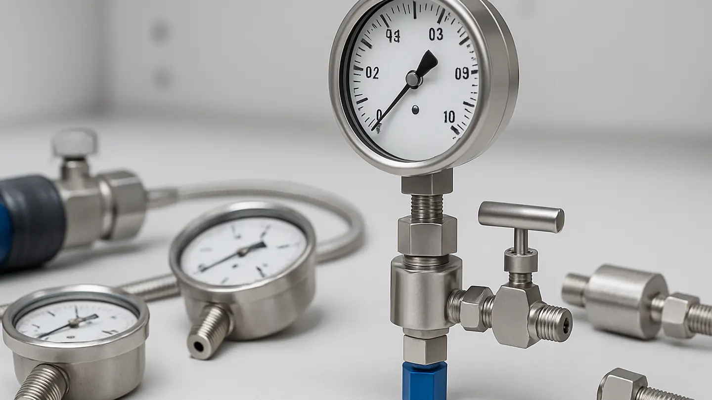 Pressure gauge installed with protective accessories on process piping