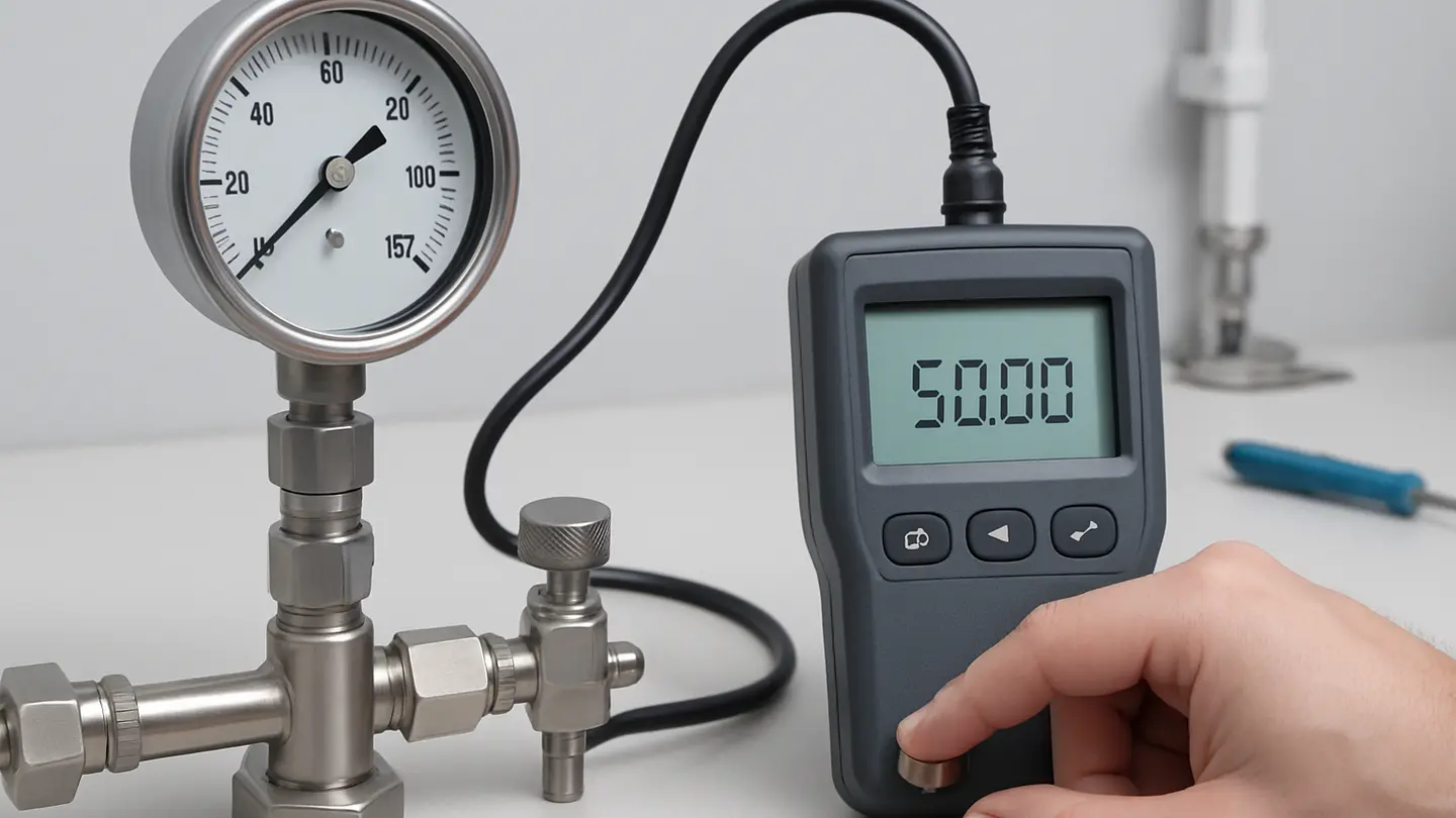 Technician checking a pressure gauge with a calibration reference