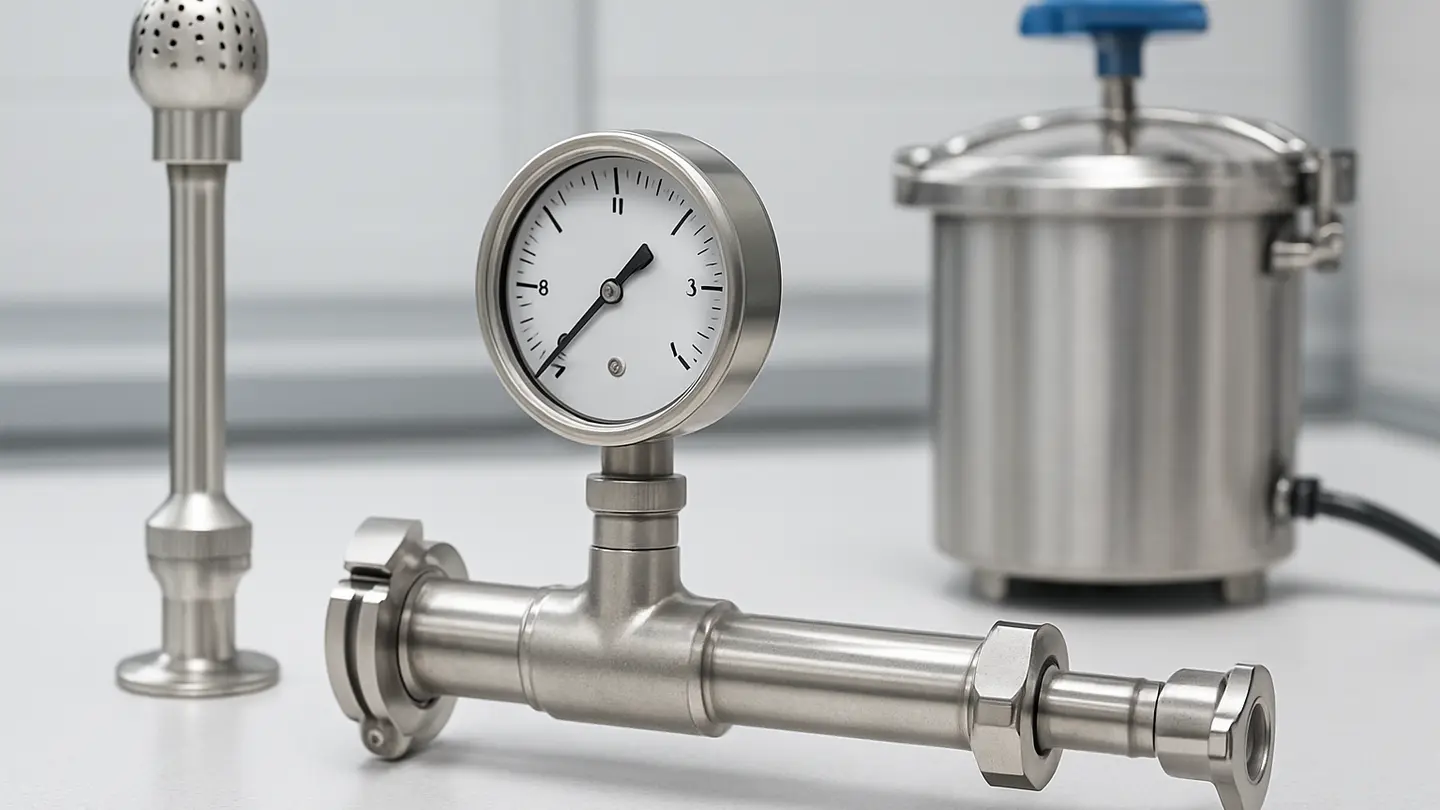 Sanitary pressure gauge connected to process piping for cleaning and sterilization