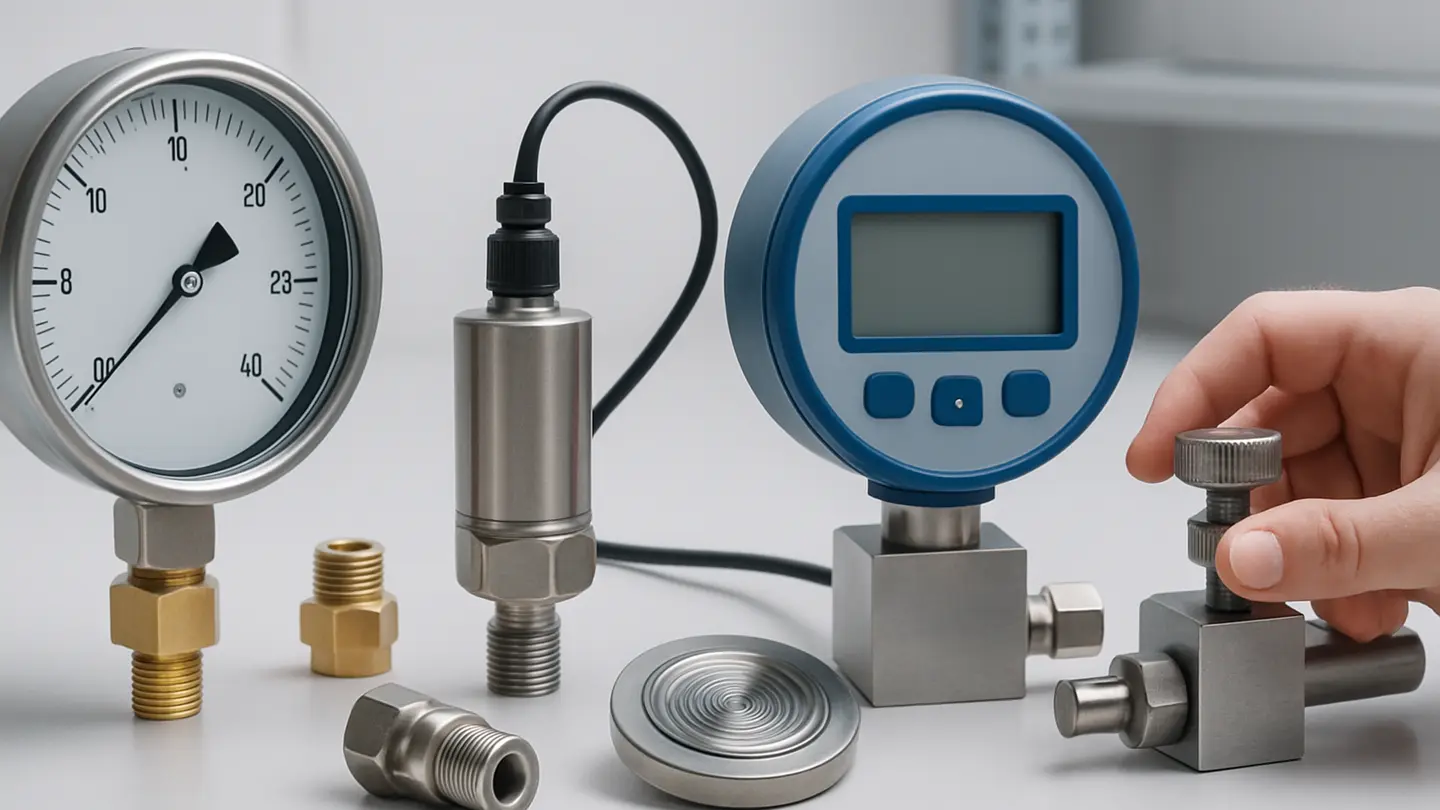 Mechanical pressure gauge installed on industrial process piping