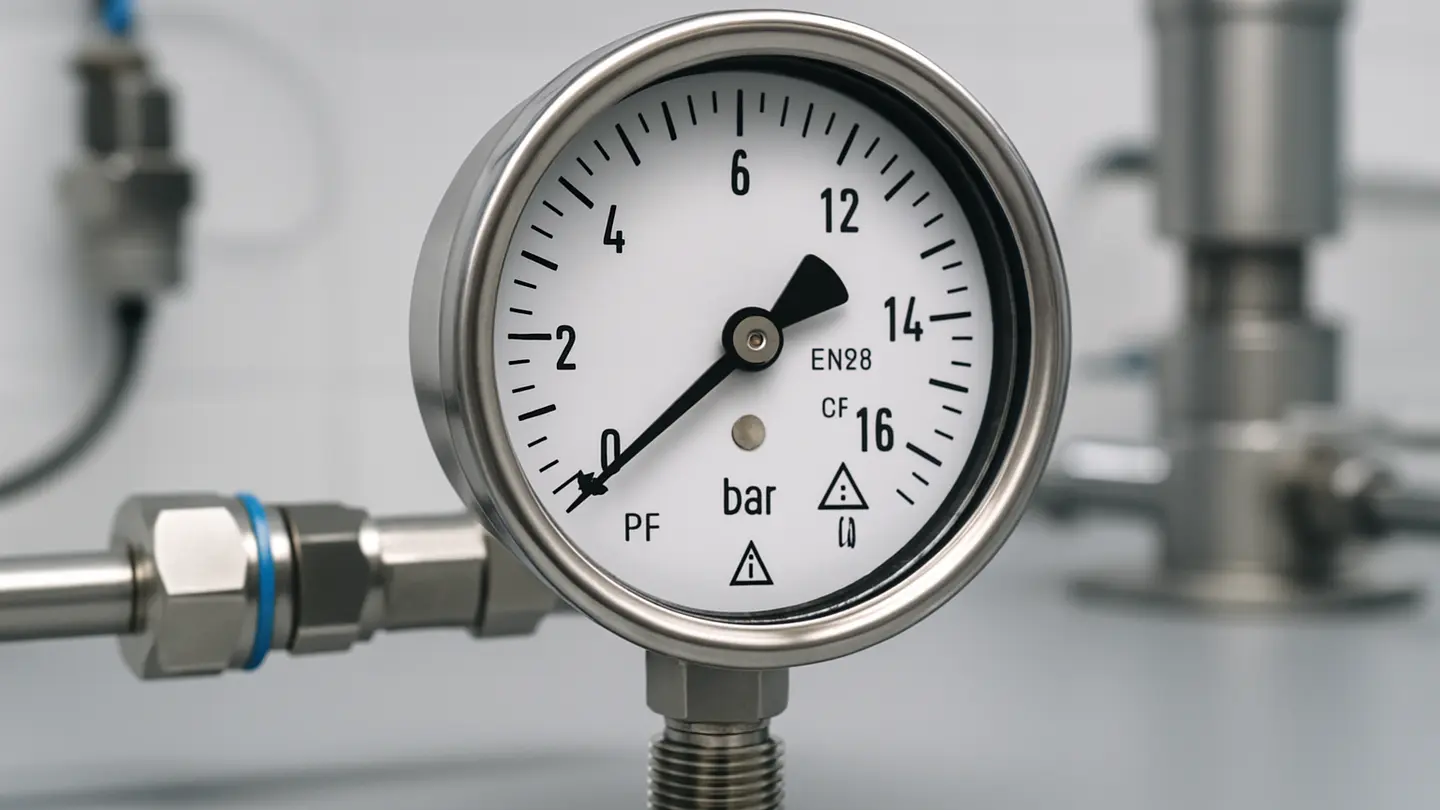 Pressure gauge dial with technical markings and symbols
