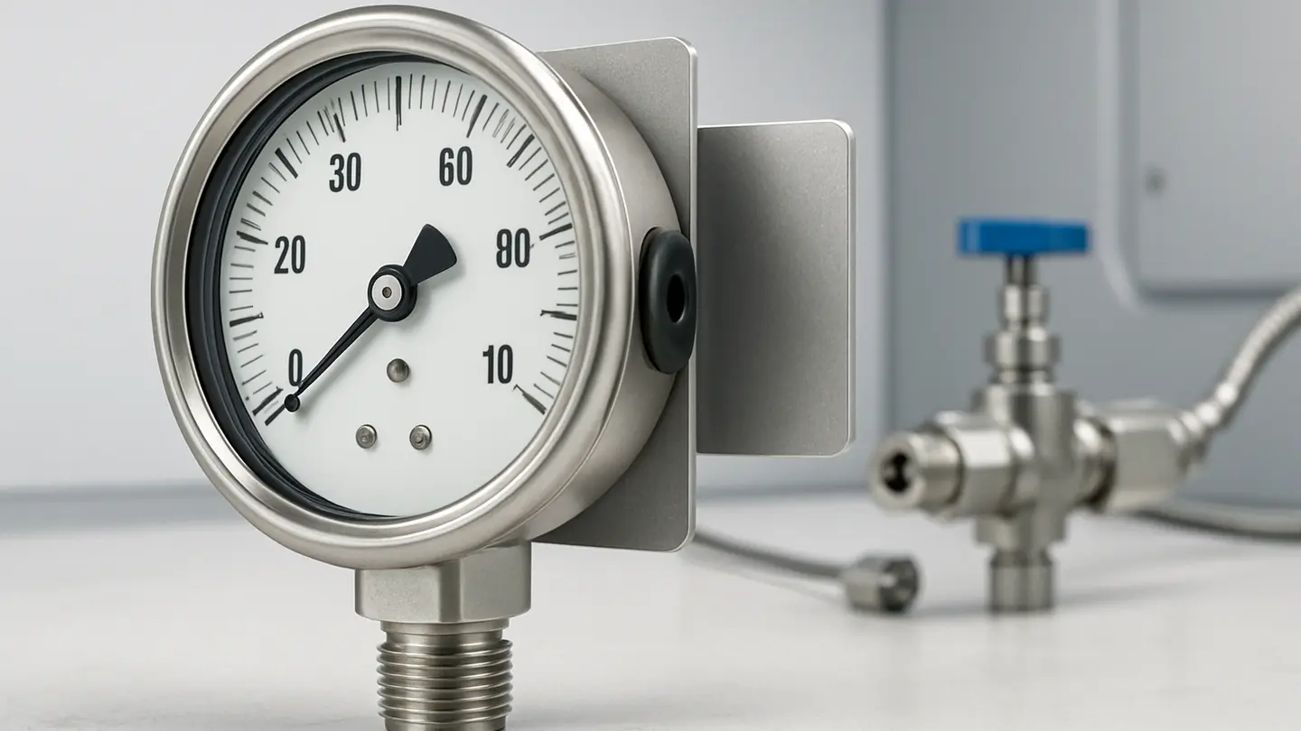 Industrial pressure gauge with safety case construction