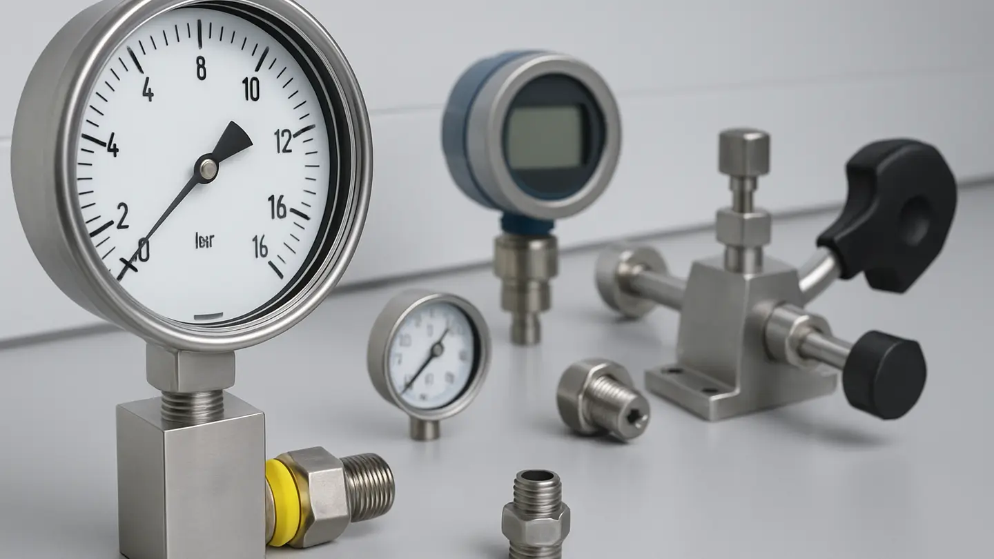Industrial pressure gauge installed on process piping