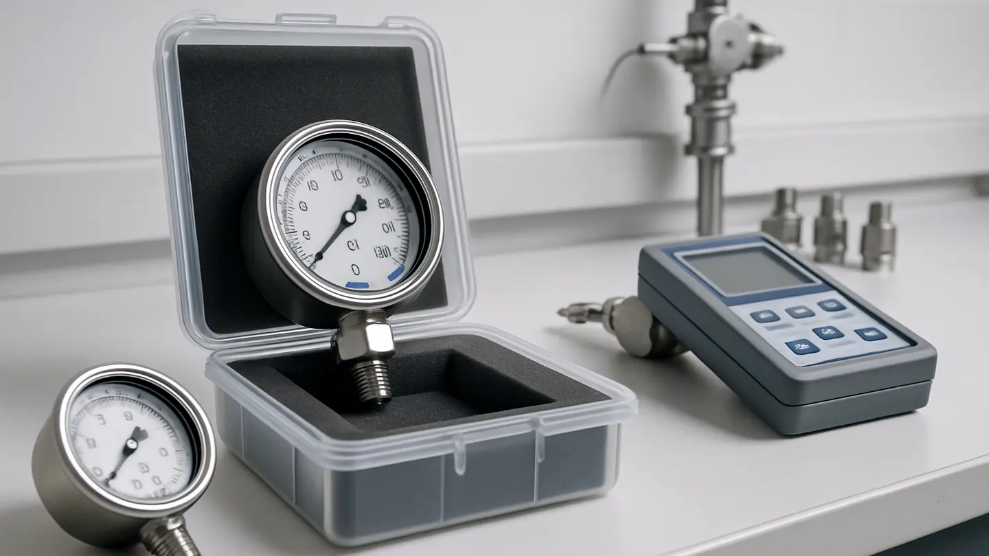Pressure gauges stored in protective packaging on a shelf