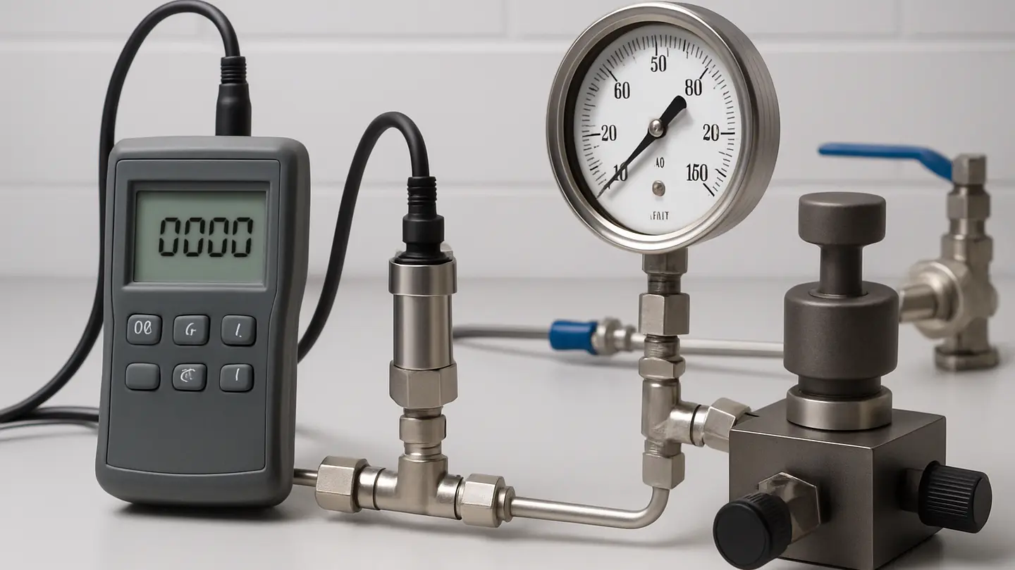 Technician calibrating a pressure transducer with test equipment