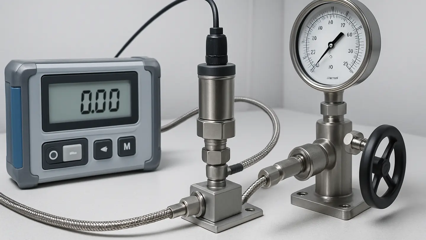 Pressure transducer connected for zero and span calibration