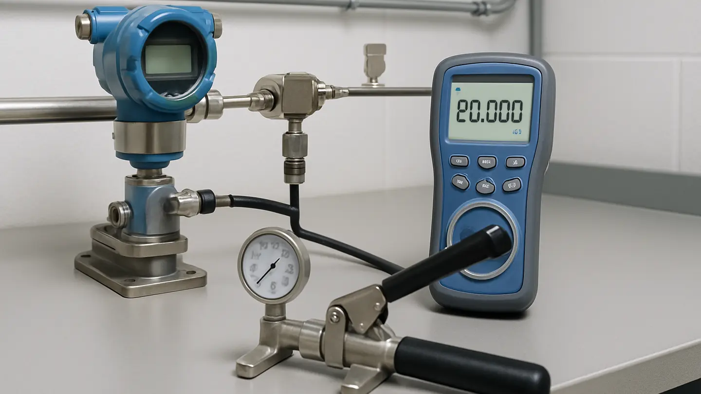 Technician calibrating a pressure transmitter with a pressure calibrator