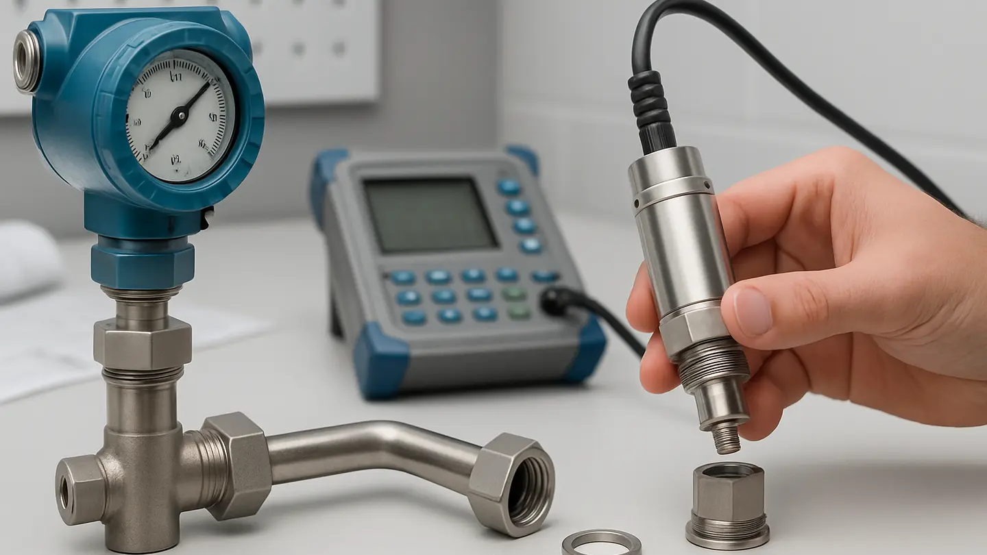 Pressure transmitter installed on industrial process piping