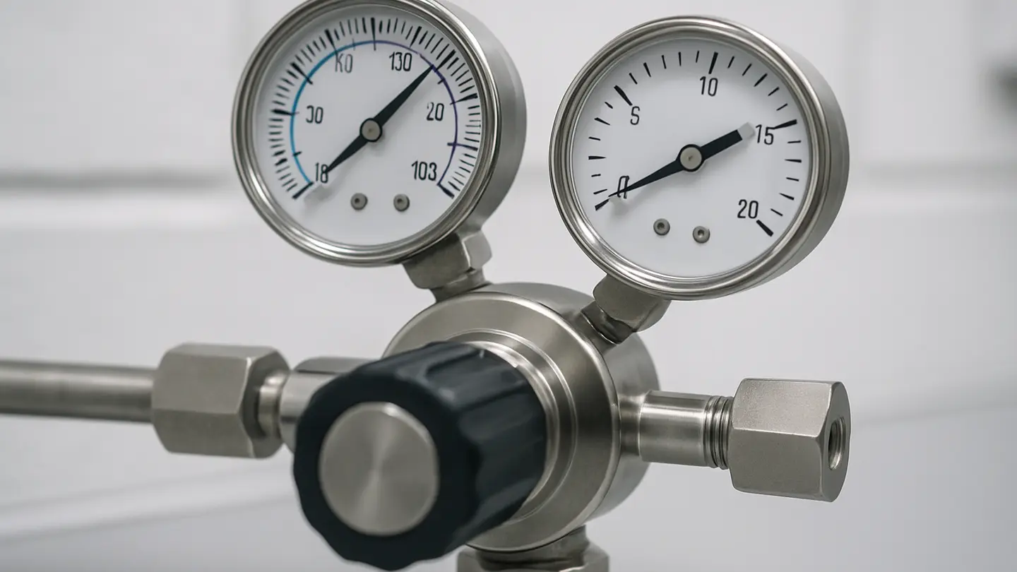 Dual-gauge gas regulator showing inlet and outlet pressure gauges