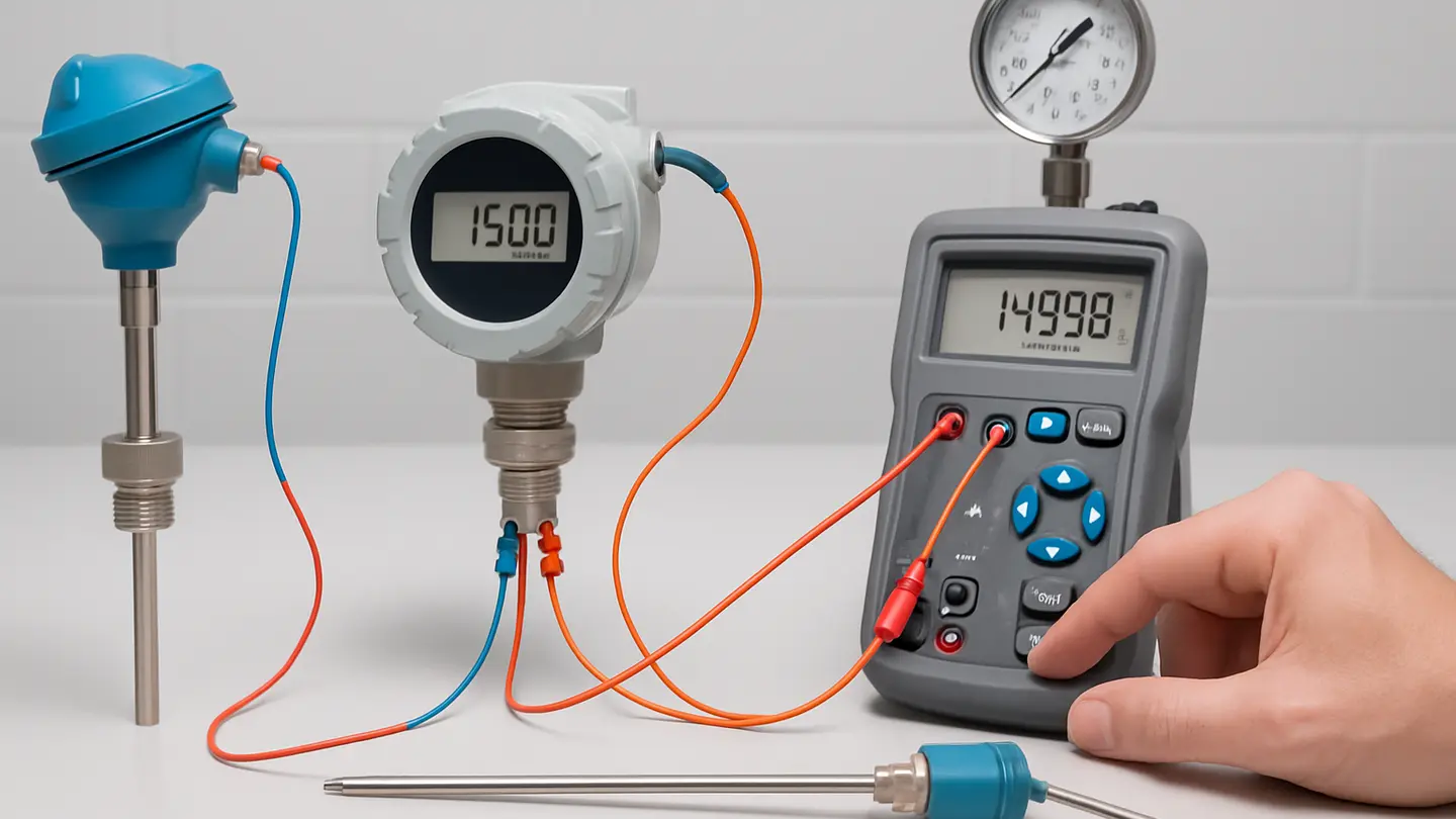 Technician calibrating a temperature transmitter with a process calibrator