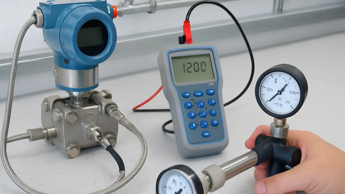 Technician testing a pressure transmitter with a hand pump and meter