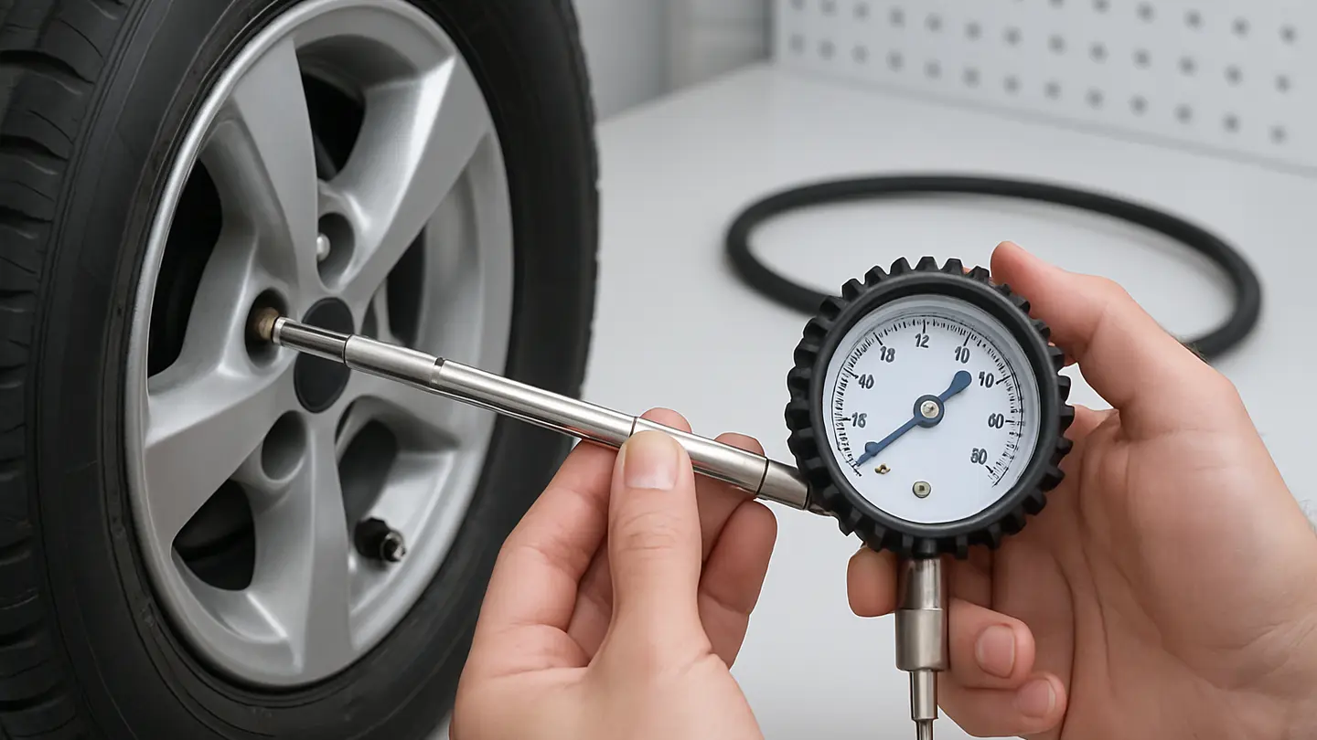 Tire pressure gauge pressed onto a vehicle tire valve stem