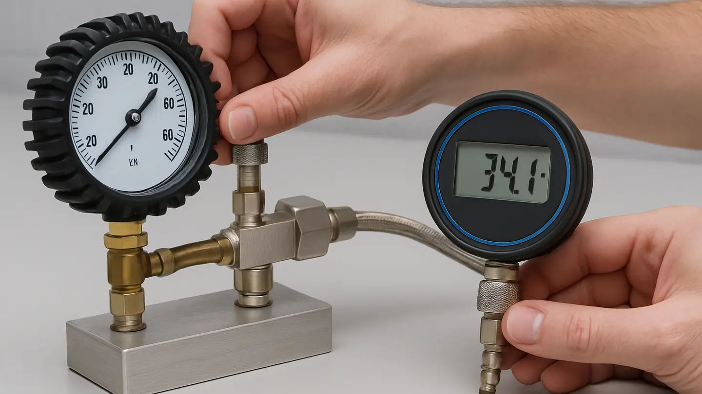 Tyre pressure gauge being compared with a reference gauge on a valve stem