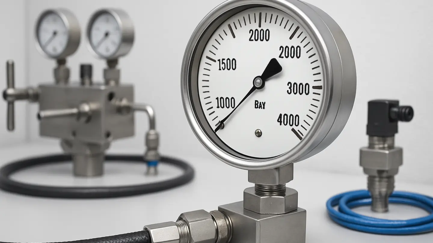 Solid-front pressure gauge used for ultra-high-pressure service