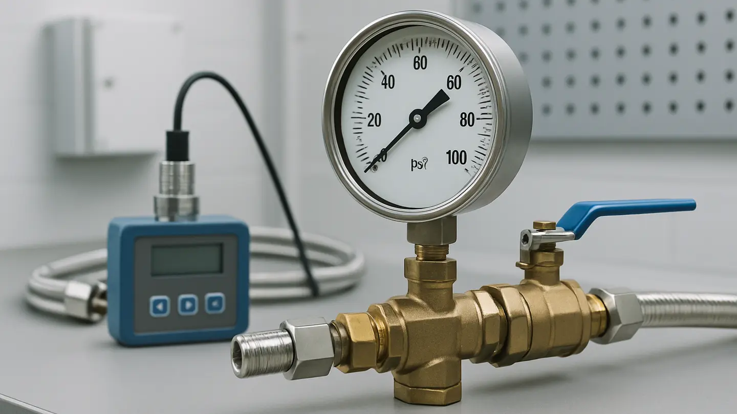Water pressure gauge connected to a residential hose bib