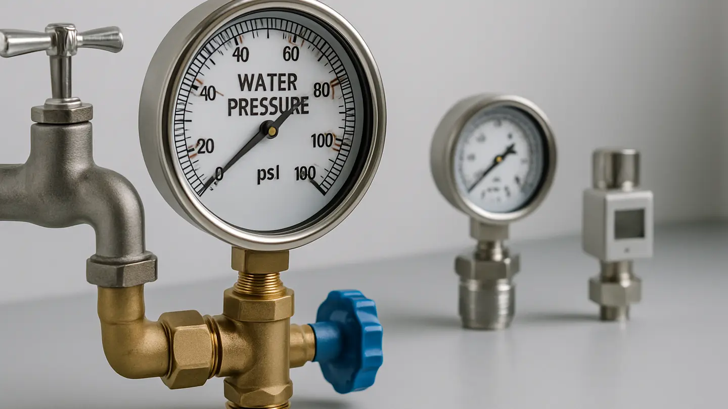 Water pressure gauge connected to a plumbing test point
