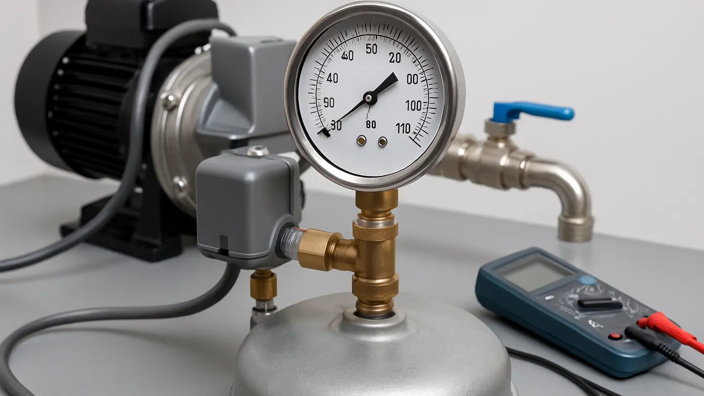 Well pump pressure gauge on a residential pressure tank system