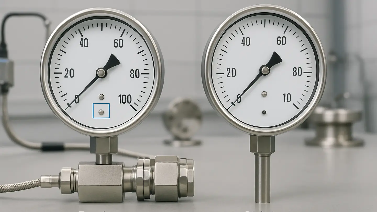 Pressure gauge dial showing zero indication and pointer stop area