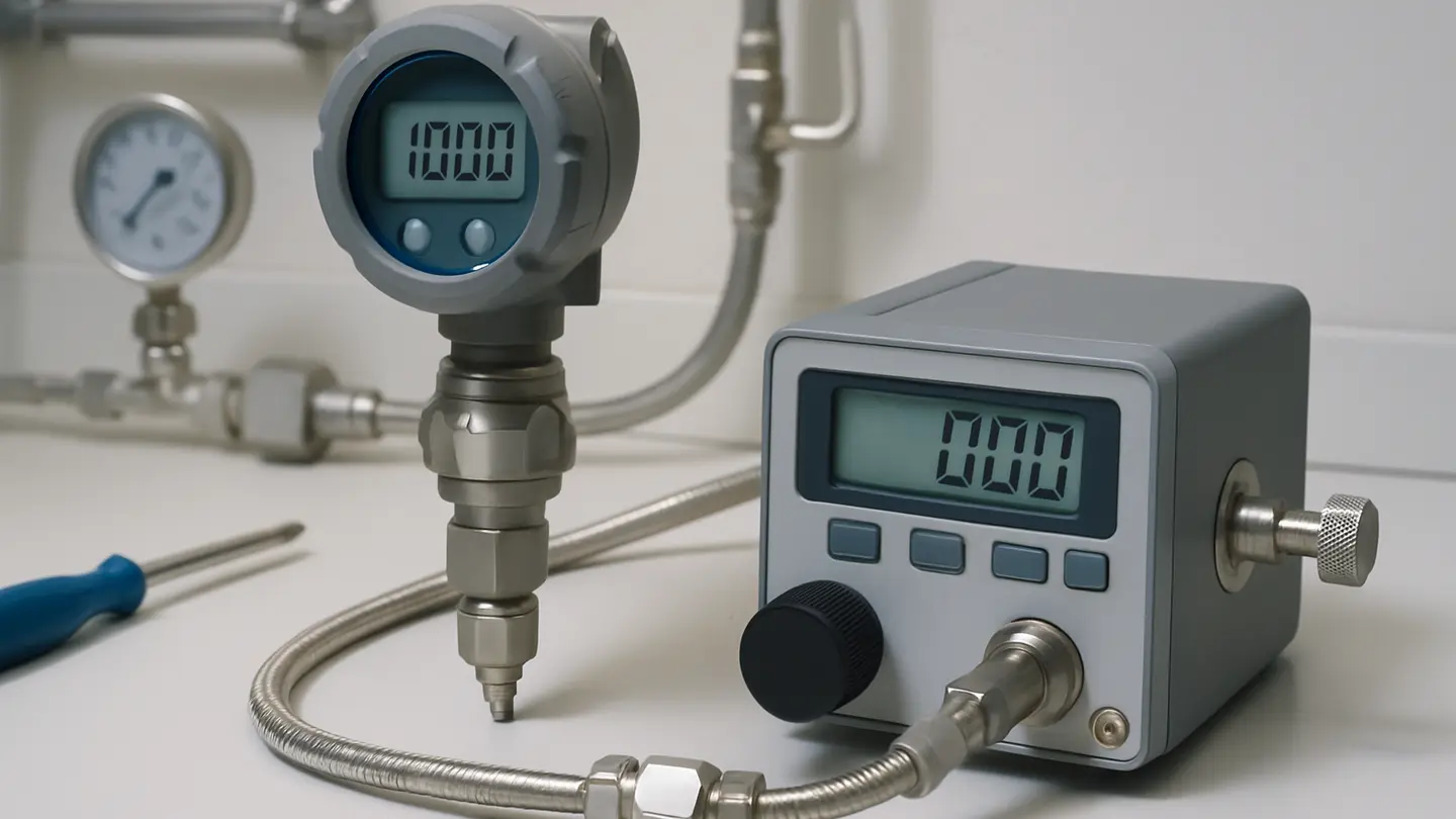 Pressure sensor being checked with calibration equipment